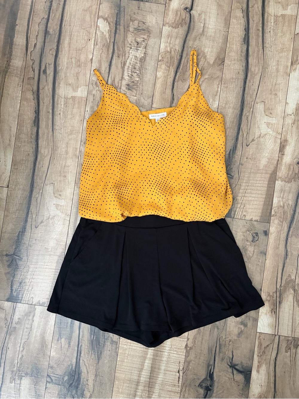 Socialite Mustard Yellow & Black Polka Dot Camisole with Express Black Shorts